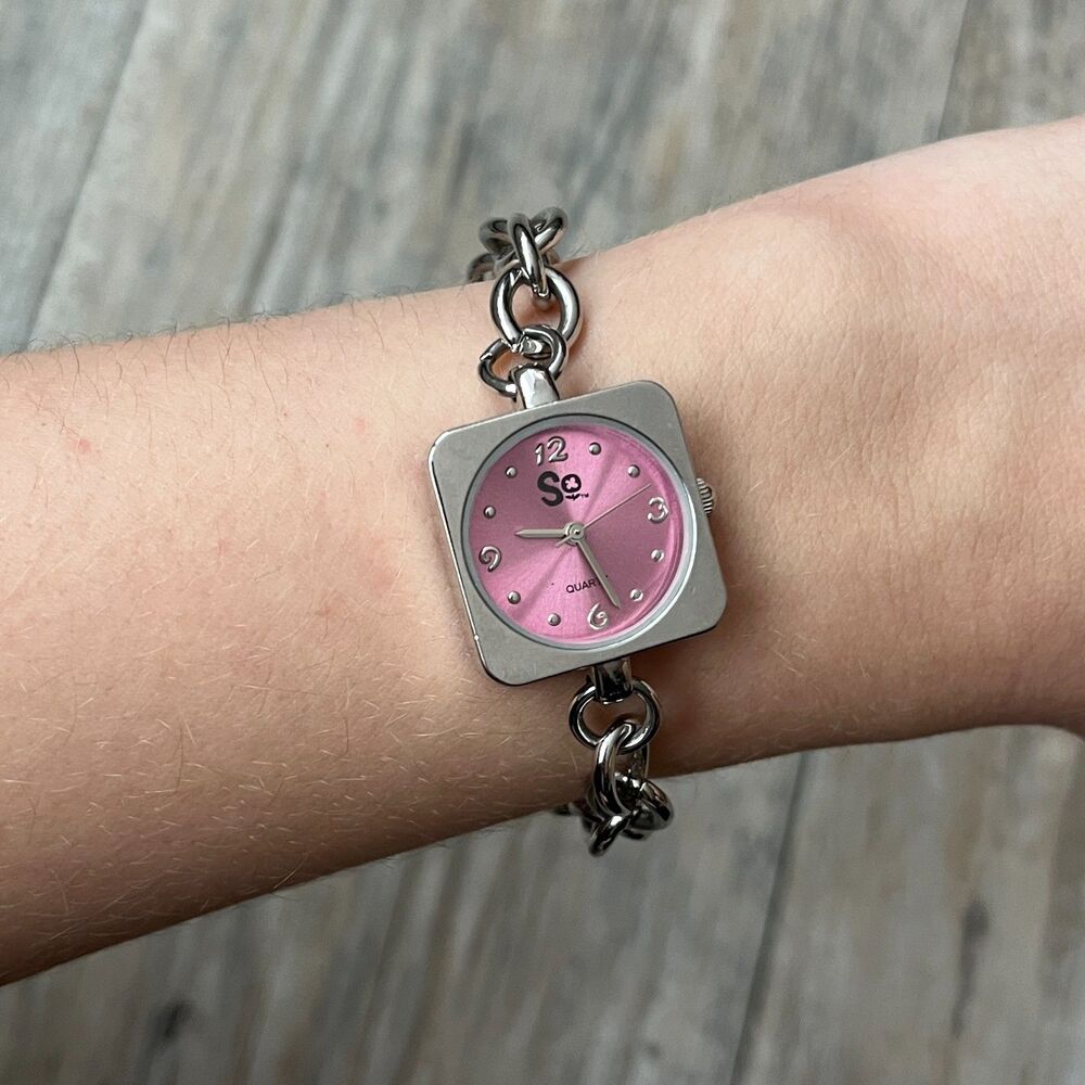 Vintage Y2K Watch Pink and Silver Chain Square Small Dainty So Brand Cute 2000s